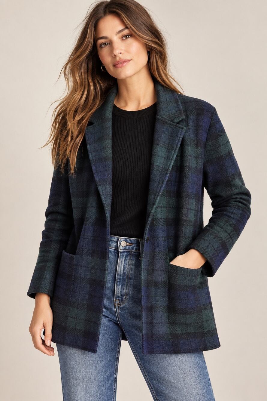 J.Crew Sophie Black Watch Plaid Sweater Blazer Navy Green Merino Wool S